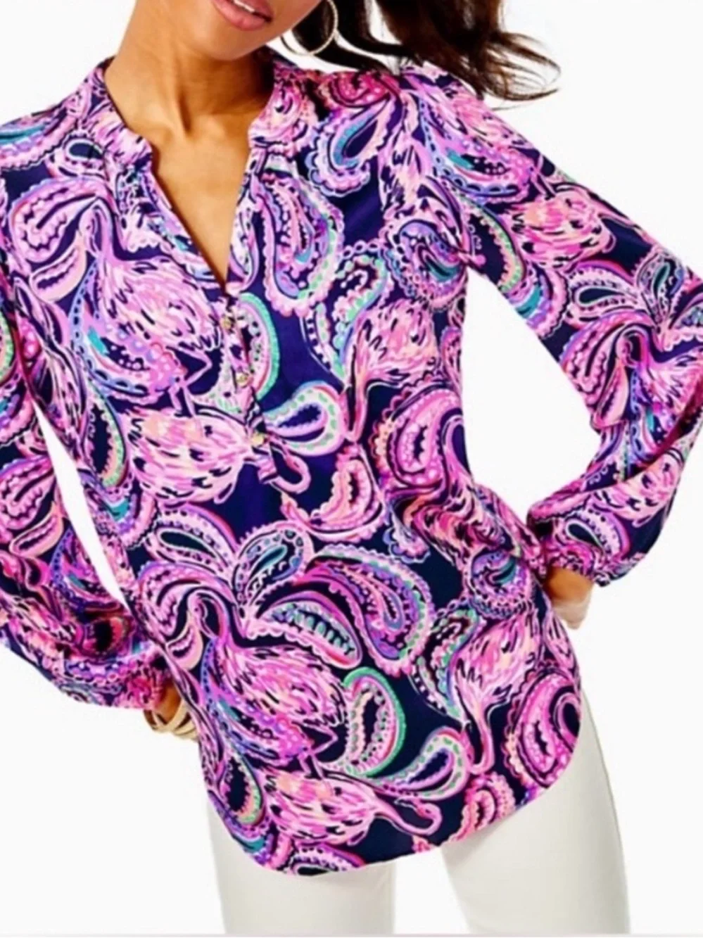 Lilly Pulitzer Marvelle Blouse Flock To The Top Navy Pink Paisley Size Small